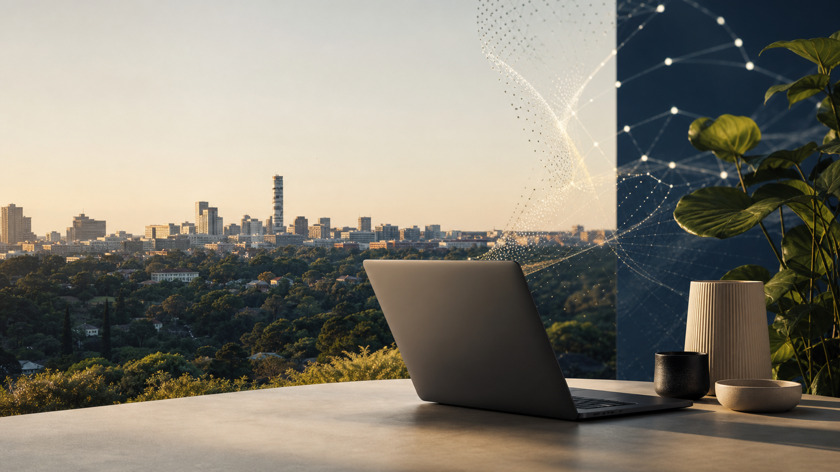 Laptop overlooking the Pretoria skyline with a digital network overlay, illustrating AI marketing for SMEs