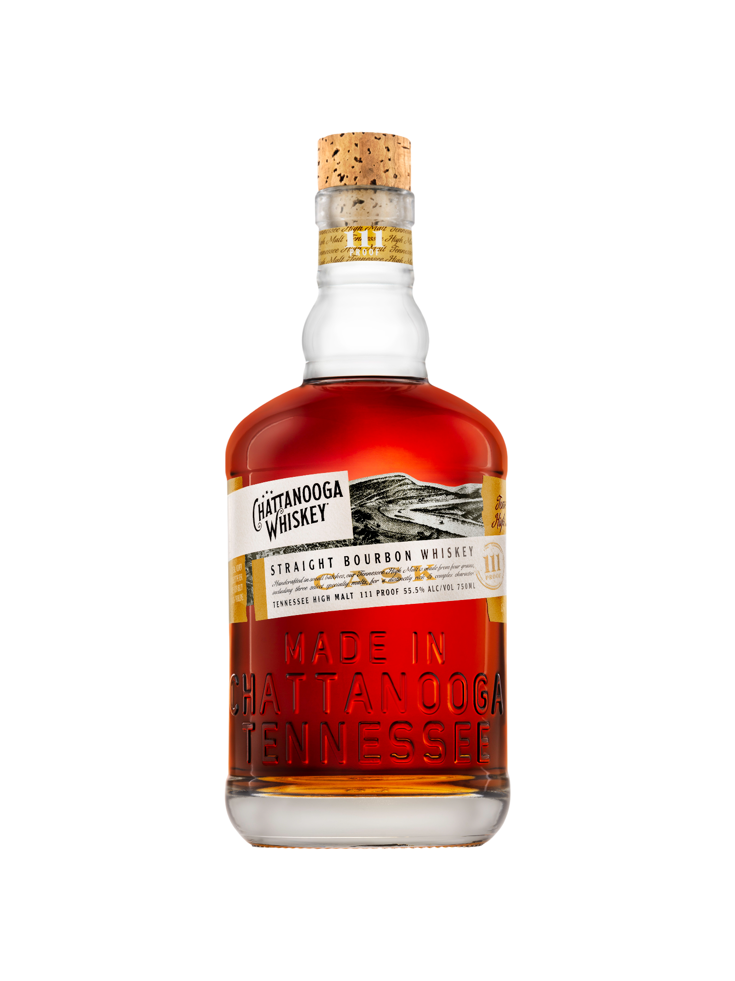Chattanooga Whiskey bottles lined up on a bar shelf — warm amber tones