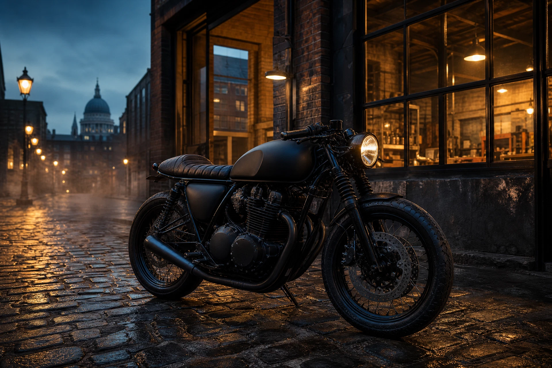 Mutt Motorcycles — custom cafe racer on cobblestone street in historic UK city