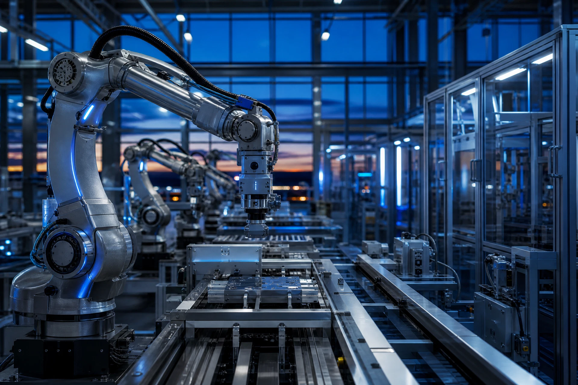 SA Power factory automation — robotic assembly line with blue LED lighting