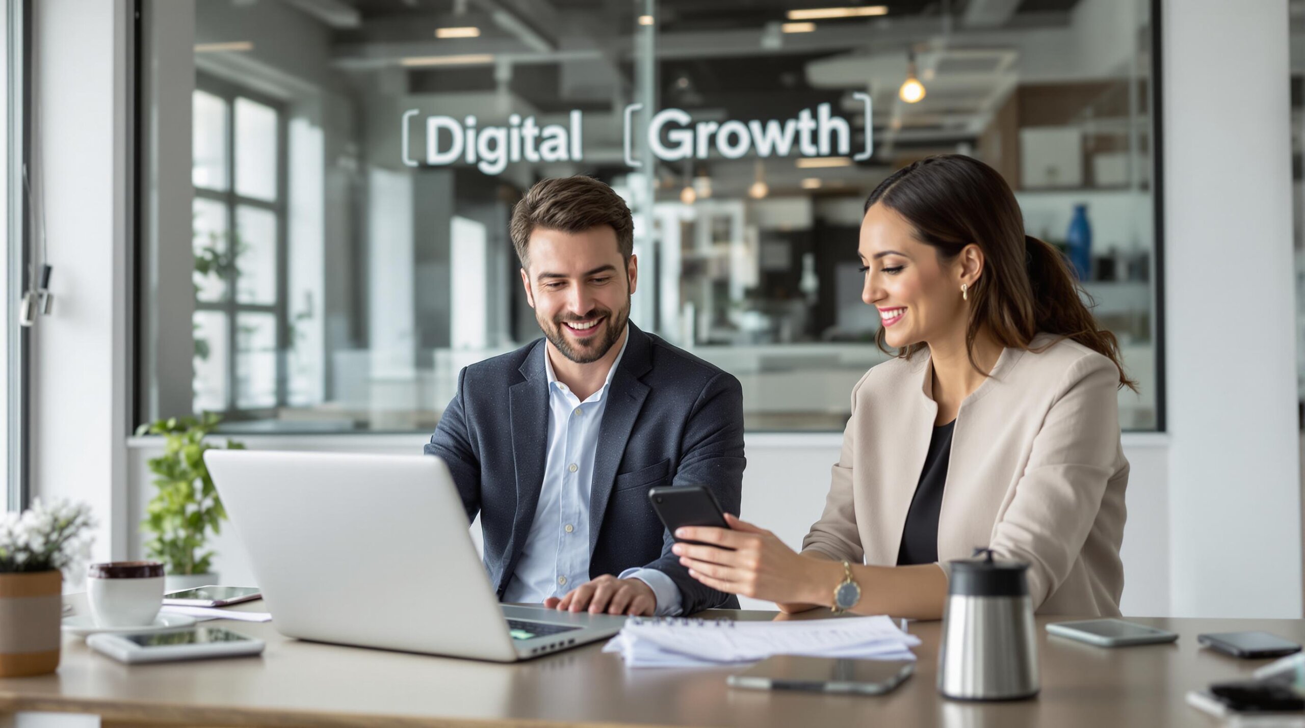 Two entrepreneurs in a bright office working on digital marketing with 'Digital Growth' on screen