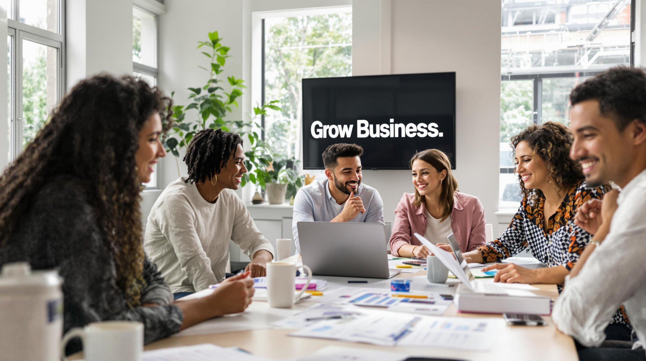 Business owners collaborate in a bright office on marketing strategy