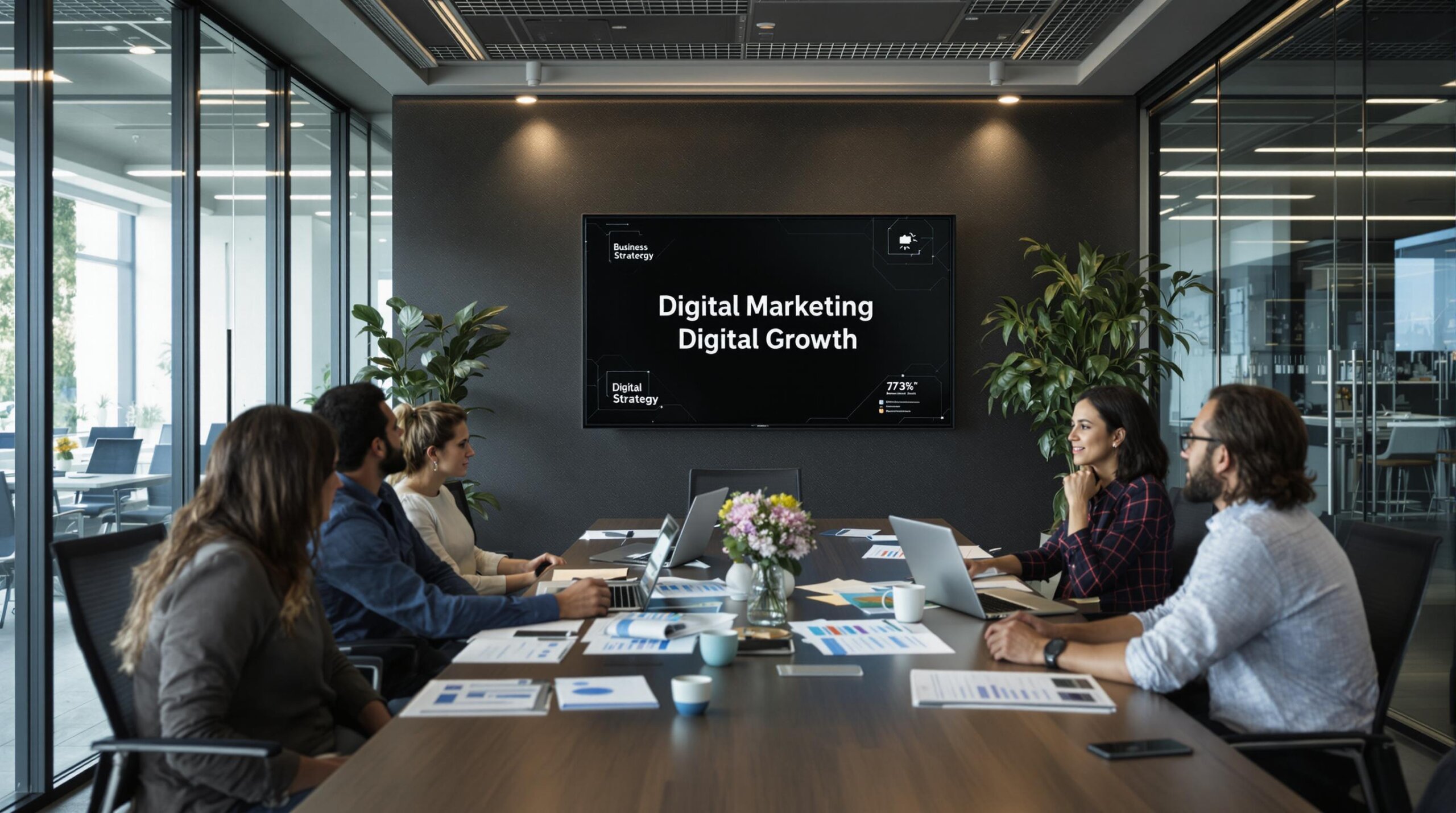 Small business owners in modern office discussing digital marketing strategy
