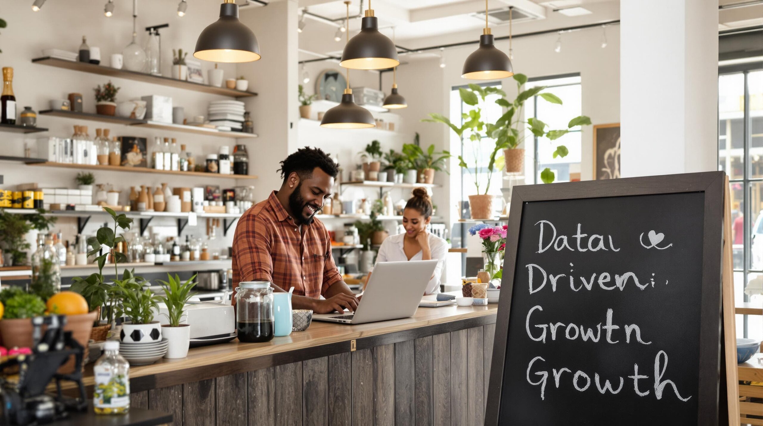 South African small business owner reviews analytics laptop with 'Data Driven Growth' on sign