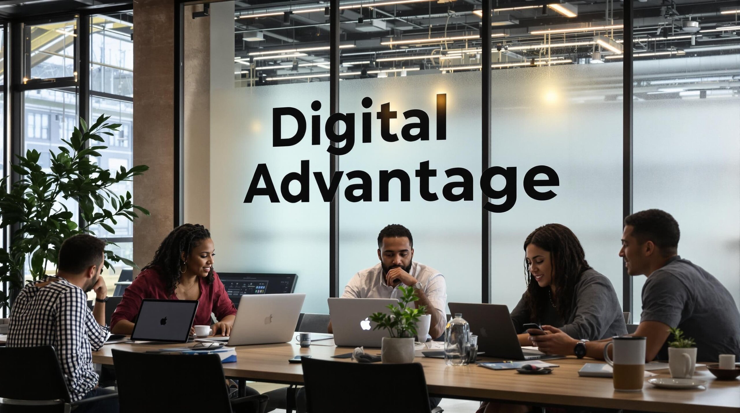 Small business owners discuss digital marketing strategy with 'Digital Advantage' on wall