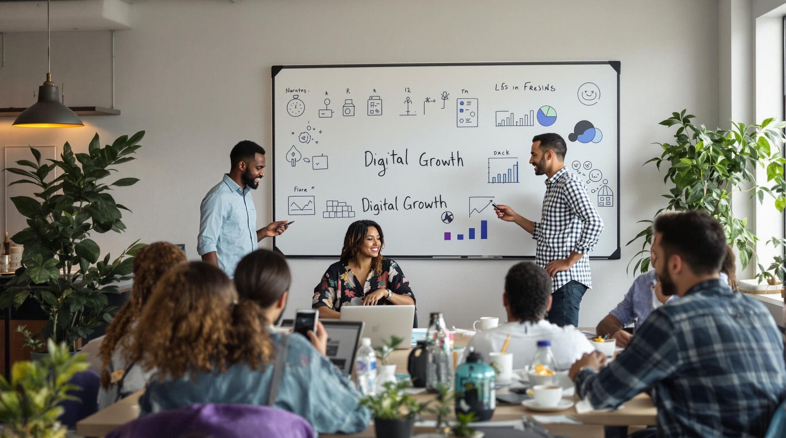 Diverse startup team working on digital marketing in modern workspace