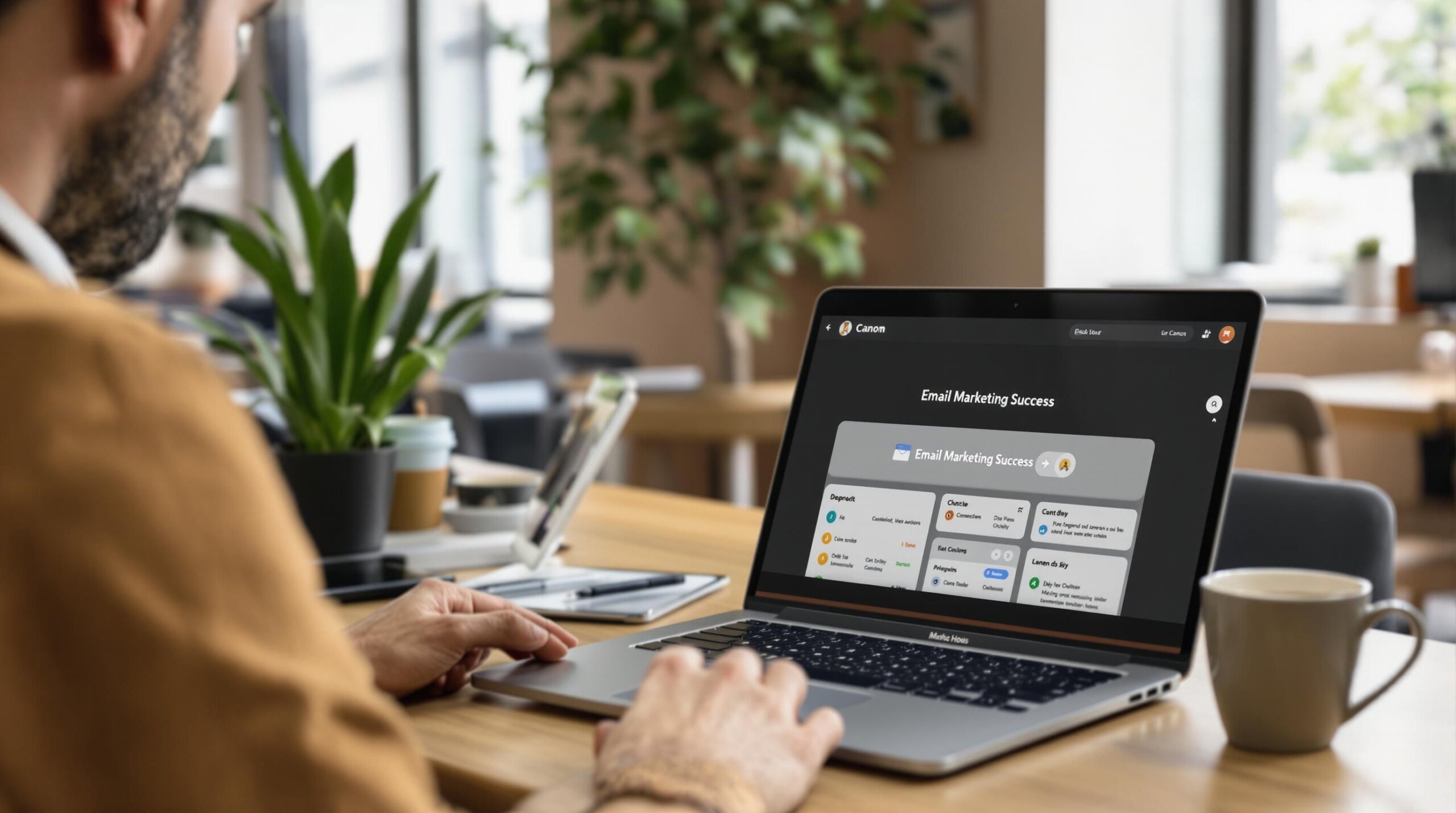 Small business owner working on email marketing at laptop in co-working space