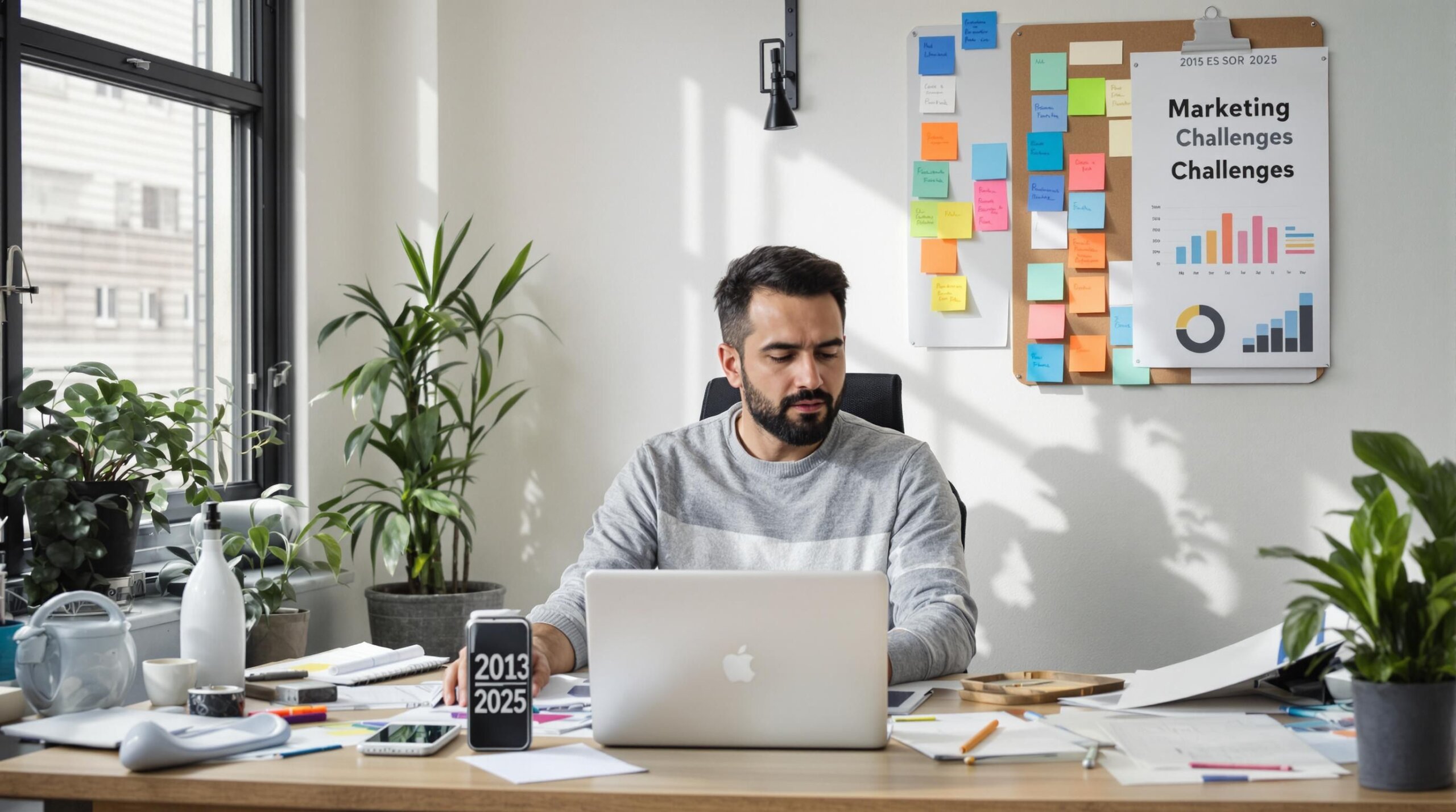 Small business owner reviewing marketing strategy surrounded by 2025 materials