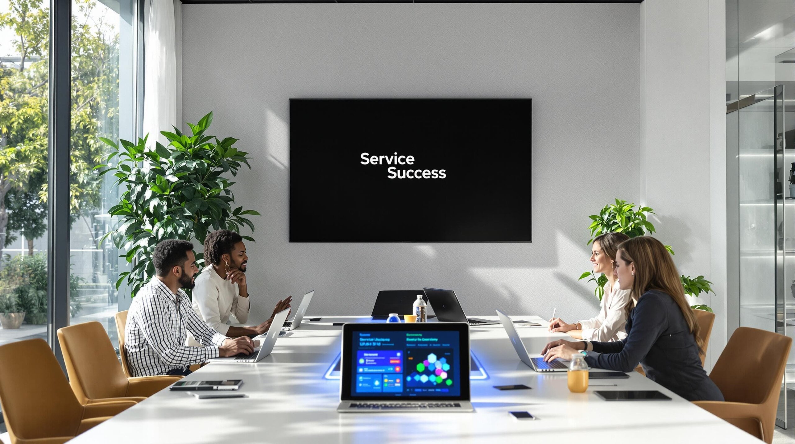 Team meeting on service marketing with 'Service Success' on screen