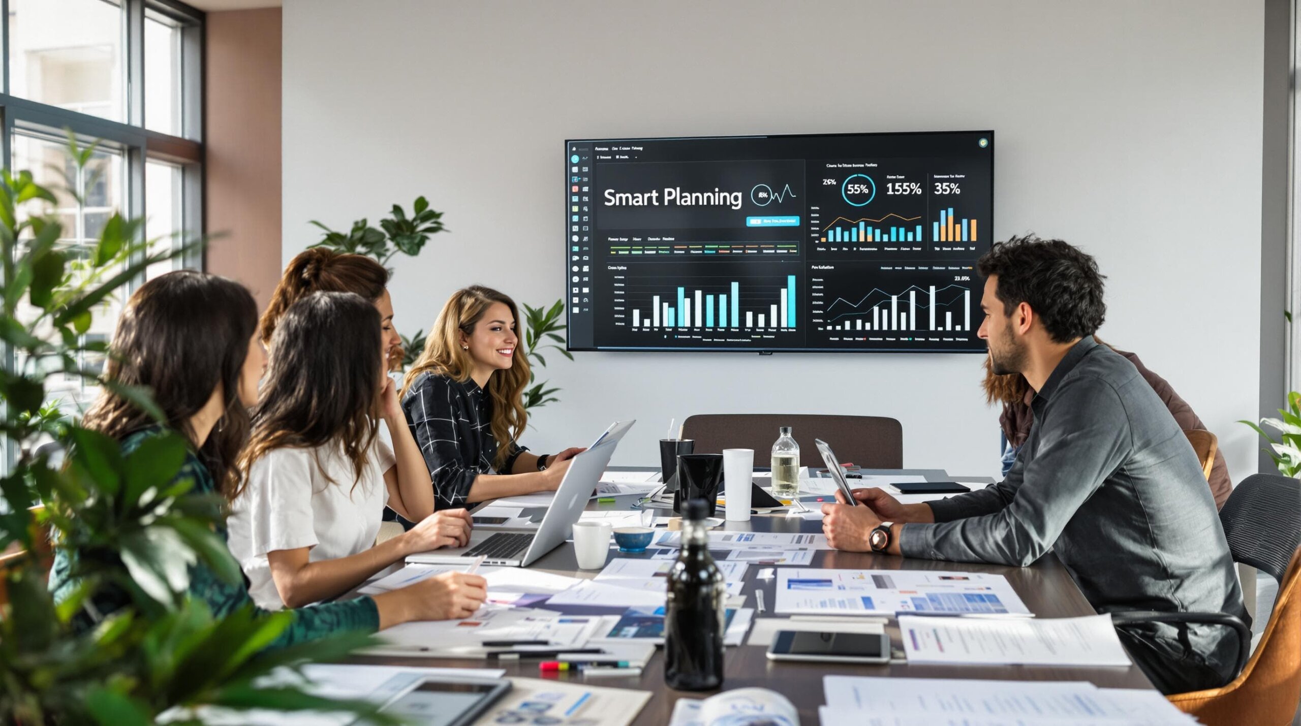 Team collaborating on marketing budget strategy with 'Smart Planning' dashboard