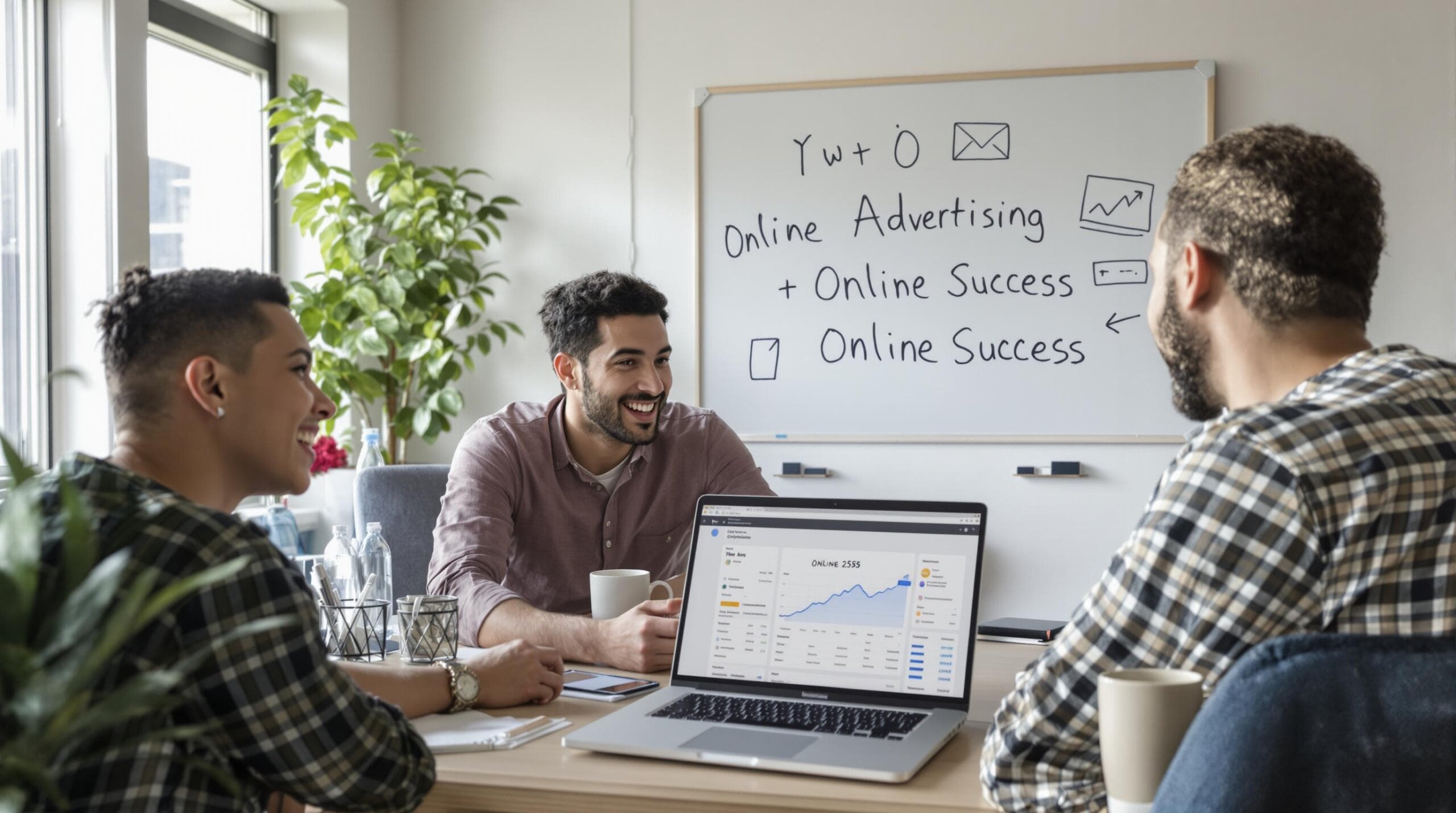 Two small business owners reviewing online ad dashboard in sunny office