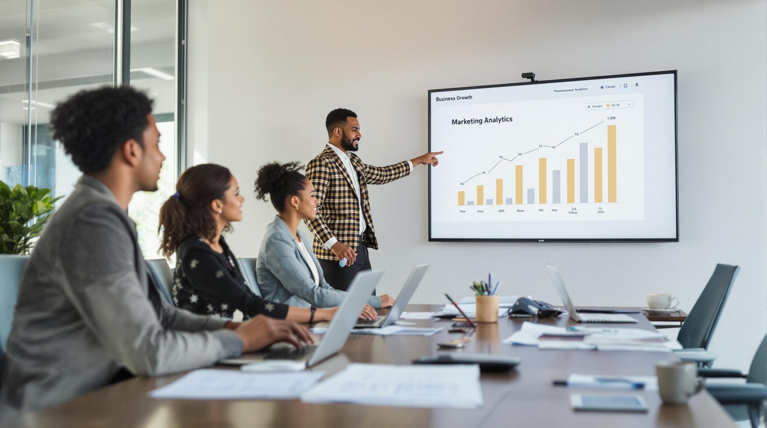 Small business team analyzing marketing analytics in office with growth chart